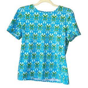 Talbots Tee Womens Medium Blue Green Damask Ikat Print Short Sleeve Cotton Top